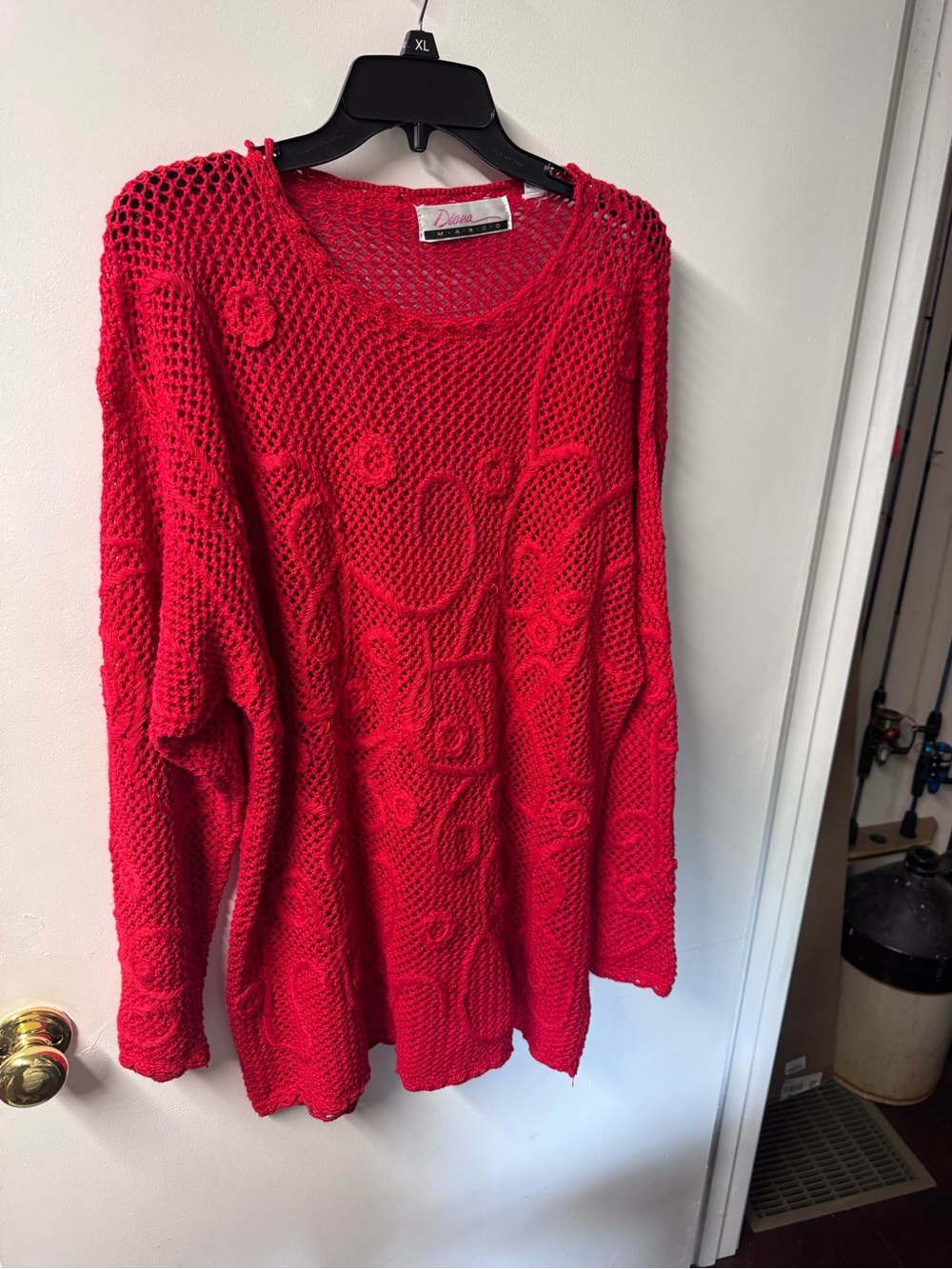 Women's Red Open-Knit Crewneck Sweater with Floral Texture